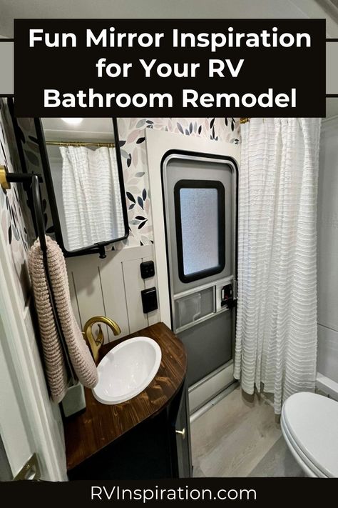 Your RV bathroom mirror is reflective and plain at best. But does it add anything to the style of the room? In any bathroom remodel, the mirror is one of the most eye-catching elements in the room. Whether you want your mirror to make a statement or just be simple and functional, here are 22 beautiful RV bathroom renovations in different styles to get you excited to shop for a mirror. #rvbathroom #rvinspiration #rvdecor Camper Mirror Ideas, Rv Bathroom Remodel, Bathroom Mirror Inspiration, Rv Newbies, Rv Wallpaper, Rv Models, Rv Inspiration, Vintage Gold Mirror, Fun Bathroom