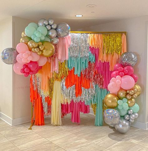 Cute Party Backdrop, Snacks At Birthday Party, Rainbow Wig Bachelorette Party, Groovy Window Display, Colorful Birthday Ideas, Ballon Arch Color Ideas, Gen Z Party Aesthetic, Pink Dance Party Aesthetic, Funky Party Decorations