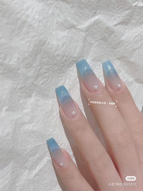 Icicle Nails Korean, Blue Douyin Nails, Blue Korean Nails, Blue Jelly Nails, Nail Art Aesthetic, Fake Nails Designs, Asian Nails, Grunge Nails, Casual Nails