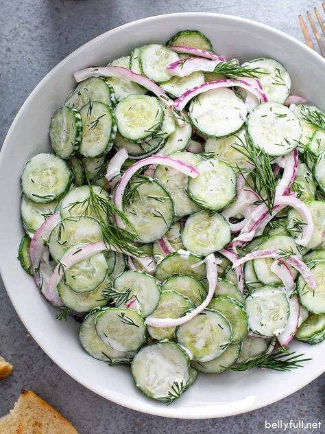 This Creamy Cucumber Salad is light, refreshing, and absolutely delicious. Perfect to beat the heat in the summertime or all year round as a simple side dish! It only requires a handful of ingredients and 10 minutes of prep, and pairs so well with grilled chicken and burgers. Creamed Cucumber Salad, Pineapple Cucumber Salad, Tasty Vegetables, German Cucumber Salad, Creamed Cucumbers, Creamy Cucumber Salad, Cucumbers And Onions, Creamy Cucumbers, Cucumber Tomato Salad