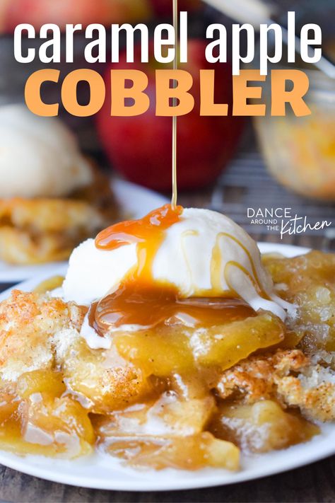 This Caramel Apple Cobbler has tender apple slices, ooey gooey caramel sauce and a soft melt-in-your-mouth cakey topping. Served up warm with a scoop of vanilla ice cream is like a little slice of heaven!!  #Apple #Cobbler #CaramelApple #FallDessert Impossible Desserts, Caramel Apple Cobbler, Cake Mix Whoopie Pies, Chocolate Crackle Cookies, Dance Around The Kitchen, Best Apples For Baking, Fall Favorites Recipes, Chocolate Cobbler, Gooey Caramel