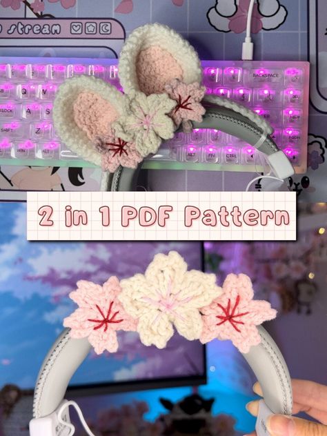 Crochet Bunny Ears + Sakura Flowers for Headphones (PATTERN ONLY) Are you looking to crochet some cute bunny ears for your headset to make your streaming sessions a little cozier? Well, look no further! You're in the right place! Hai friends! My name is Nhu and I'm a small business owner of NhuHugsU. My goal of this business is to offer cozy crochet accessories made to feel like a hug. This bunny pattern is the very first design that started this all. It holds a very special place in my heart, a Crochet Bunny Accessories, Crochet Headset Accessories, Crochet Headphones Accessories, Headphone Crochet Accessories, Headset Crochet, Crochet Headphone Accessories, Headphone Cover, Business Goal, Jumper Designs