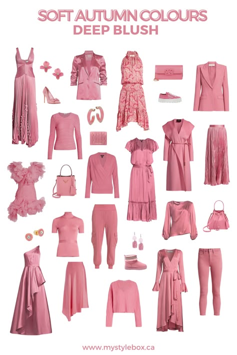 SOFT AUTUMN COLOURS DEEP BLUSH Pink For Soft Autumn, Soft Autumn Pink Outfit, Soft Autumn Swimwear, Soft Autumn Moodboard, Soft Autumn Soft Natural, Soft Autumn Fashion, Soft Autumn Pink, Soft Autumn Summer Outfits, Soft Autumn Clothes