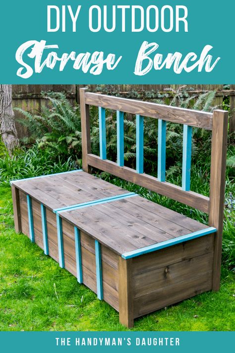 Garden Bench With Storage, Diy Storage Bench Plans, Porch Bungalow, Diy Patio Bench, Diy Garden Bench, Diy Outdoor Toys, Outdoor Bench Plans, Garden Storage Bench, Porch Pergola