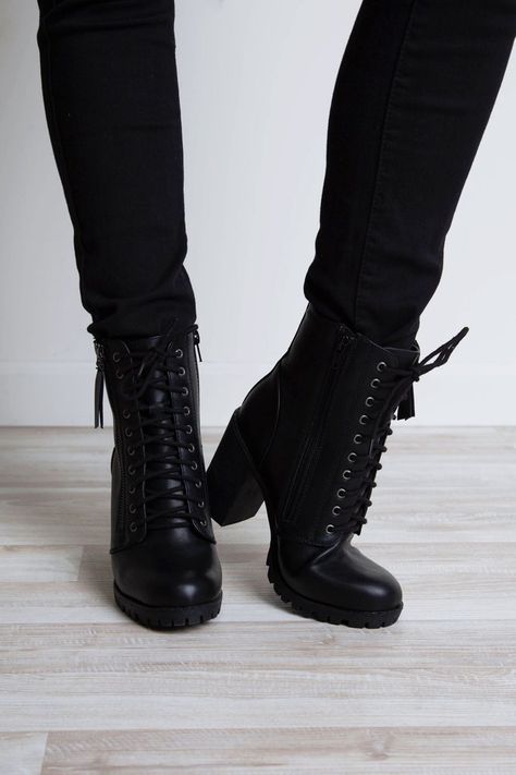 Edge Of Life Boots in Black Trendy Leather Ankle-high Combat Boots, Black Ankle-high Combat Boots For Party, Leather Ankle-high Combat Boots For Alternative Fashion, Black Ankle-high Combat Boots For Formal Occasions, Casual Black Ankle-high Combat Boots, Black Heel Boots, Cute Boots, Boots Outfit, High Heel Boots