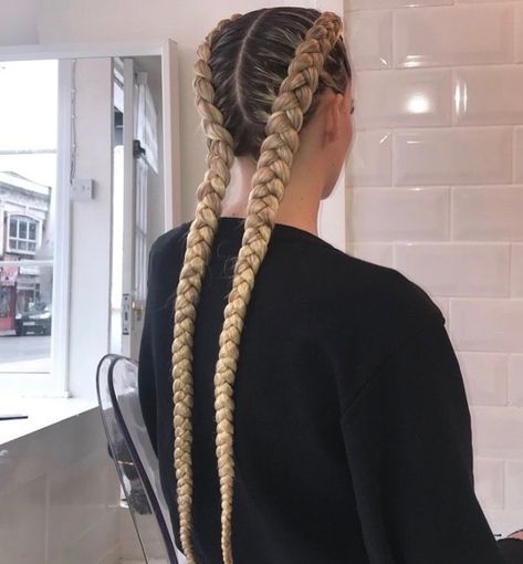 2 Braids Blonde Hair, 2 Feed In Braids, Aesthetic Surgeon, Beige Blonde Hair, Two Braid Hairstyles, Boxer Braids, Hair Color Underneath, Geometric Hair Clip, Big Braids