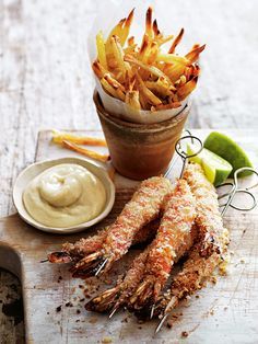 Wasabi Prawns, Crumbed Prawns, Cooking Prawns, Prawns Recipes, Shoestring Fries, Fish Fries, Prawn Skewers, Donna Hay Recipes, Couples Night