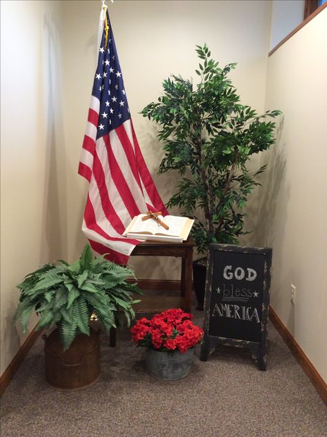 Church of St Olaf Patriotic Stage Decorations, 4th Of July Church Decorations, Church Tables, Table Staging, Communion Table Decorations, Church Stage Decor, Transformation Church, Church Chairs, Church Foyer