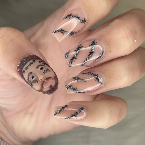 Post Malone Nails Acrylic, Post Malone Inspired Nails, Post Malone Nails, Barbwire Nails, Post Malone, Mani Pedi, Nail Inspo, See You, Acrylic Nails