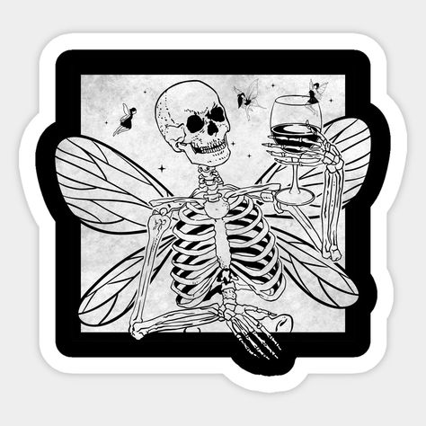 Stickers Aesthetic Grunge, Fairycore Stickers, Fairycore Aesthetic Clothes, Skeleton Drinking Wine, Alternative Stickers, Fairy Skeleton, Fairy Core Grunge, Funny Fairy, Indie Fairycore