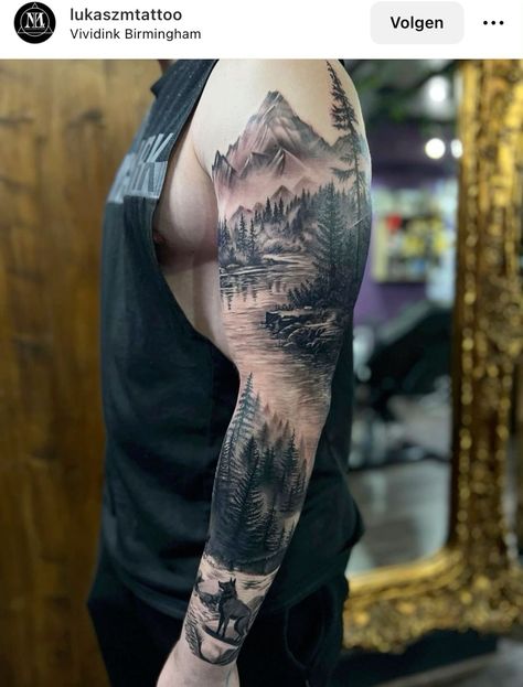 Outdoor Mountain Tattoo, Hiking Sleeve Tattoo, Arm Forest Tattoo, Tatoos Forest Arm, Outdoors Tattoo For Men, Wildlife Tattoos For Men, Nature Forearm Tattoo, Forest Sleeve Tattoo, Jt Tattoo