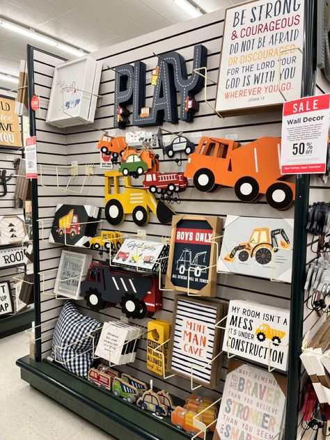 Hobby Lobby Car Decor, Hobby Lobby Construction Decor, Barnyard Bedroom Farm Theme, Hobby Lobby Playroom Decor, Construction Playroom Ideas, Car Themed Playroom, Hobby Lobby Nursery Boys, Hobby Lobby Boys Room Decor, Hobby Lobby Kids Room Decor