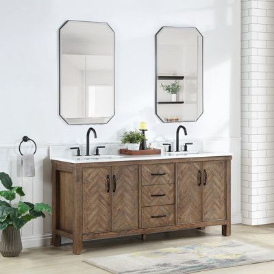 This 72'' double vanity brings a modern style to your primary bathroom. Crafted from a blend of solid and engineered wood, this contemporary piece boasts clean lines and herringbone inlay for a contemporary look. It's capped with a countertop and backsplash of grain white stone for a crisp look. Plus, it offers plenty of storage: Three functional drawers let you organize your toiletries and accessories, while four cabinet doors open to under-sink storage for cleaning supplies and linens. This va Engineered Stone Countertops, Ceramic Undermount Sink, Double Bath, Under Sink Storage, Solid Wood Cabinets, Modern Tops, Daily Rituals, Cultured Marble, Single Sink Bathroom Vanity