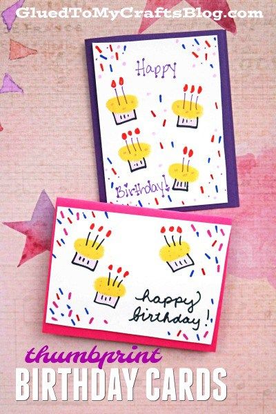 Thumbprint Cupcake Birthday Cards - Kid Craft Idea Hand Print Birthday Cards From Kids, Thumbprint Cards, Diy Birthday Card For Boyfriend, Fingerprint Cards, Bunny Cards, Thumbprint Art, Birthday Cards To Print, Cupcake Birthday Cards, Happy Birthday Cards Diy