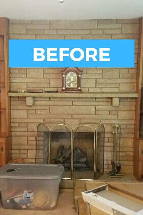 1960s Brick Fireplace Makeover, Basement Fireplace Makeover, Budget Friendly Fireplace Makeover, 90s Brick Fireplace Makeover, Brick Fireplace Makeover Before After, 1960 Fireplace Makeover, 1960s Brick Fireplace, Full Wall Brick Fireplace Makeover Ideas, Remove Fireplace Before And After