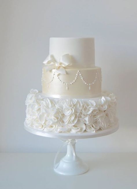 Lustre and ruffle wedding cake Wedding Cake With Ruffles, Sparkle Wedding Cakes, Wedding Cake Hydrangea, Fountain Wedding Cakes, Fake Wedding Cakes, Sparkle Cake, 50th Anniversary Cakes, Ruffle Wedding Cake, Quinceanera Cakes