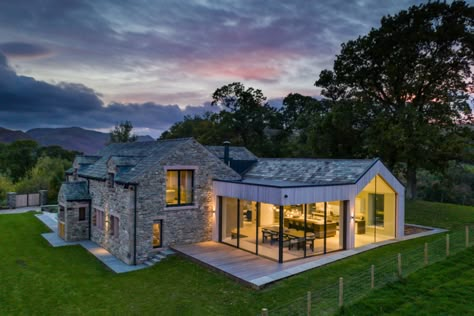 New Stone House, Old Barn House, Rustic Country Homes, Cottage Extension, Glazing Ideas, Valley Cottage, Lake District National Park, Contemporary Building, Traditional Cottage