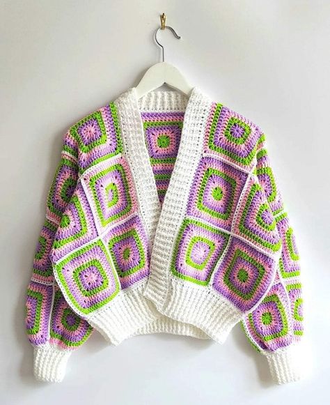 Long Crochet Cardigan, Solid Granny Square, Colorful Cardigan, Crochet Colorful, Granny Square Cardigan, Crochet Jacket Pattern, Square Cardigan, Feather Yarn, Crochet Cardigans