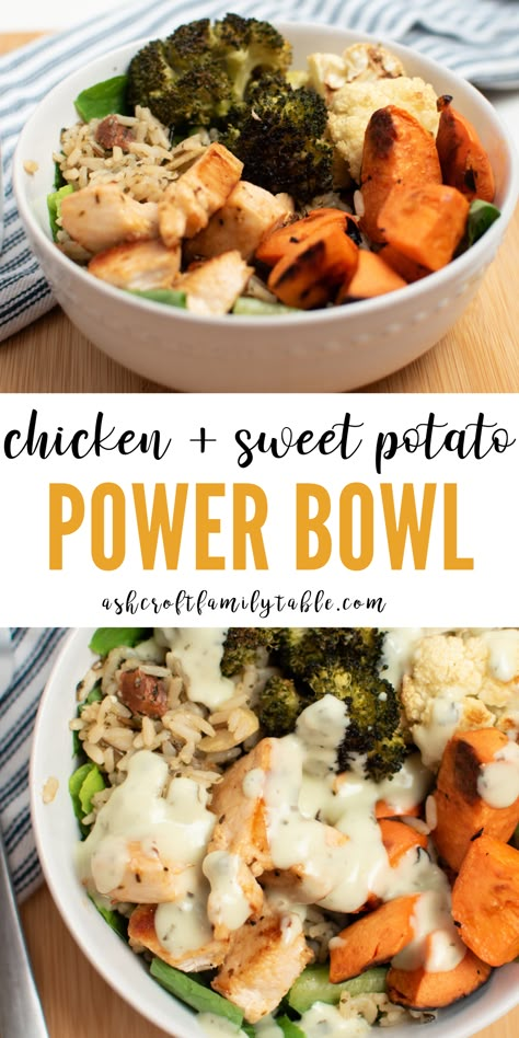 Chicken Power Bowl Recipe, Golo Recipes, Almond Rice, Recipe For Lunch, Power Bowl Recipe, Sweet Potato Bowls, Healthy Bowls Recipes, Power Bowl, Chicken Sweet Potato