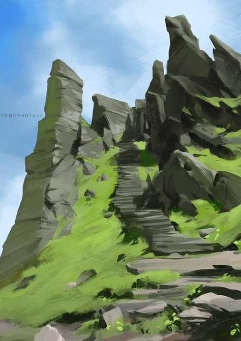 Landscape Reference Photos Nature, Mountain Concept Art, Game Landscape, Rock Mountain, Environment Painting, Bg Design, Landscape Concept, Fantasy Places, Environment Art