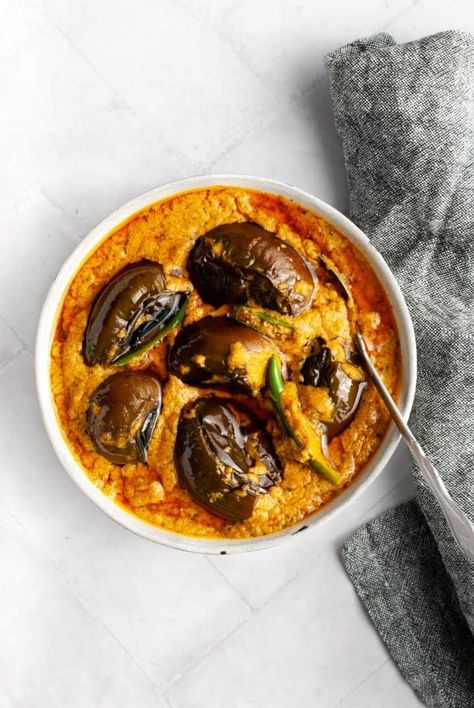 Hyderabadi Bagara Baingan (Tangy Eggplant Curry) | Indian Ambrosia Eggplant Curry Indian, Bagara Baingan, Hyderabadi Cuisine, Spicy Eggplant, Curry Indian, Eggplant Curry, Small Eggplant, Nigella Seeds, Food Collection