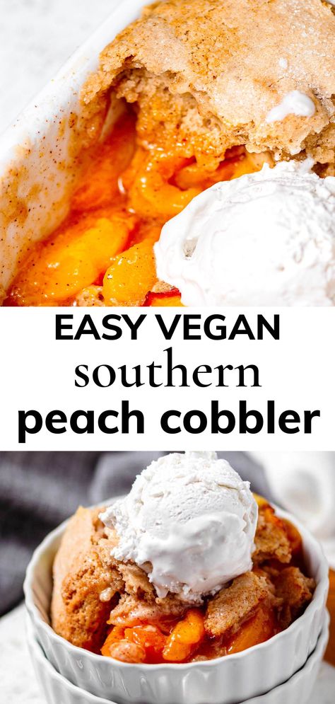 This is the best vegan peach cobbler made with fresh, ripe peaches! This cobbler takes under an hour to make and uses less than 10 pantry-friendly ingredients. The fruit filling is sweet and sticky & the biscuit topping is crisp. This summer dessert is best served warm with a scoop of dairy free ice cream! Vegan Peach Cobbler Easy, Peach Snacks Healthy, Vegan Peach Cobbler Recipes, Vegan Cobbler Recipes, Vegan Peach Recipes, Vegan Peach Dessert, Dairy Free Peach Cobbler, Apricot Cobbler Recipes, Vegan Cobbler