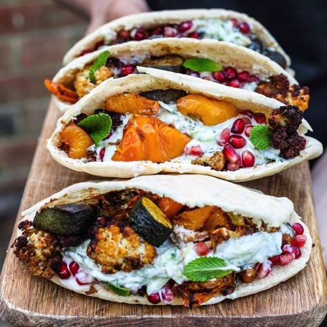 Jul 26, 2020 - The spiced roast veggies and the cooling tzatziki come together perfectly to form one of the all time great mouthfuls. Mob Kitchen, Recipes Veg, Spiced Vegetables, Think Food, Veg Recipes, Meat Free, Vegetarian Dishes, Veggie Recipes, Pita