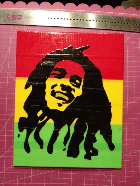 8"x10" duct tape painting of Bob Marley! 1⃣💚 Bob Marley Painting Canvases, Bob Marley Drawing Easy, Bob Marley Painting Easy, Bob Marley Dibujo, Bob Marley Nails, Bob Marley Drawing, Bob Marley Painting, Tape Ideas, Tape Painting