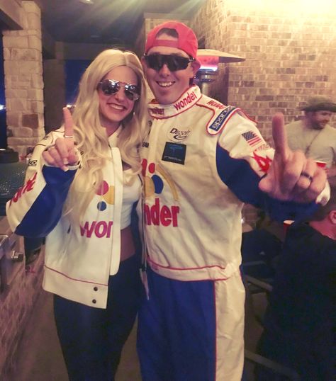 Couples Decade Costumes, Nascar Couples Costume, Diy Ricky Bobby Costume, Talladega Nights Costume Couple, Couples Costume Ideas Funny, Ricky Bobby And Wife Costume, Talladega Nights Costume, Fun Couples Costumes, Peanut Halloween