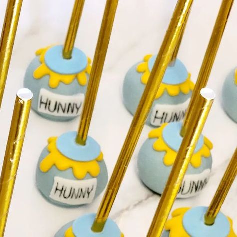 Winnie the Pooh hunny jar cake pops Hunny Pot Cake Pops, Classic Winnie The Pooh Cake Pops, Pooh Cake Pops, Winnie The Pooh Cake Pops, Winnie The Pooh Hunny, Jar Cake, Custom Treats, Pooh Cake, Cake Pop Designs