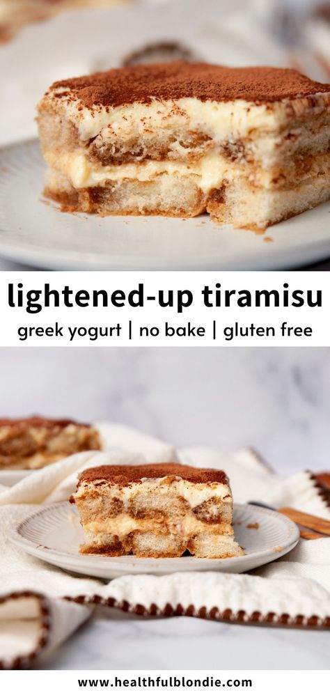 Healthy Tiramisu (Gluten-Free + Greek Yogurt) Greek Desserts Easy Gluten Free, Healthy Trifle Desserts, Tiramisu Recipe Healthy, Greek Yogurt Custard, Healthy Tirimasu, Dinner Ideas With Greek Yogurt, Easy Desserts With Yogurt, Gf Tiramisu Recipe, Tiramisu No Coffee