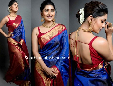 Vani Bhojan attended the Zee Cine Awards Tamil 2020 wearing a blue kanjeevaram saree that featured red and gold border paired with red sleeveless blouse. She styled her look with traditonal gold jewelry by Prade jewels, neutral makeup and a pulled back bun enhanced with flowers! Red Blouse And Saree, Silk Sleeveless Blouse Designs, Blue Red Pattu Saree, Red Saree With Sleeveless Blouse, Pattu Saree Sleeveless Blouse, Traditional Saree With Sleeveless Blouse, Sleeveless Blouse For Kanjeevaram Saree, Red Sleeveless Blouse Saree, Tamil Look Saree