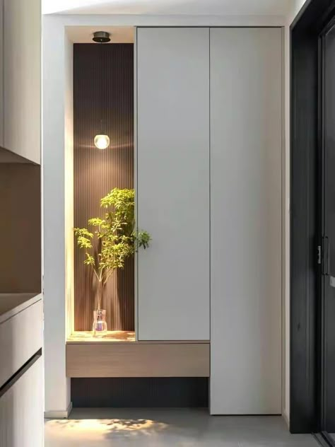 Entrance Foyer Design Small Spaces, Entrance Cupboard, Entryway Ideas Modern, Foyer Cabinet, Shoe Cabinet Design, Hall Wardrobe, Entrance Foyer Design, Faux Stone Walls, Apartment Entrance