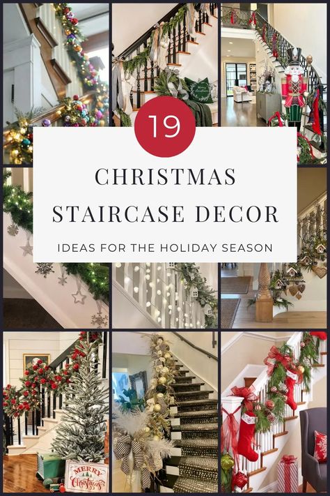 19 Christmas Staircase Decorating Ideas - Finding Mandee Stair Rails Christmas Decor, Angled Stair Wall Decor, Christmas Stair Case Ideas, Stairway Railing Christmas Decorating, Railing Christmas Decorations Staircases, Stair Christmas Decorating Ideas, Simple Stair Garland Christmas, Christmas Lights On Stairs Railings, Christmas Decorations For Banisters