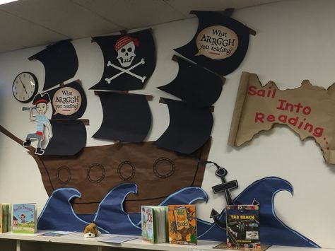 Book Fair Pirate Theme Ideas                              … Pirate Display Board, Pirate Book Fair Theme, Pirate School Theme, Pirate Decorations Classroom, Pirate Book Fair, Pirate Bulletin Board Ideas, Book Fair Themes, Pirates School Theme, Ship Bedroom