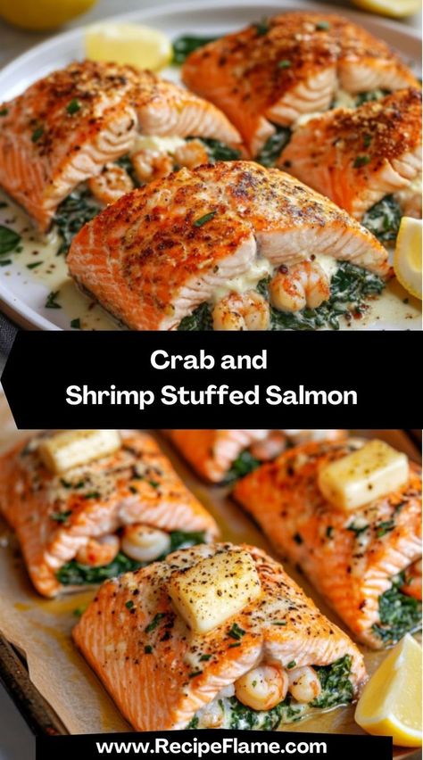 Quick and Easy Crab and Shrimp Stuffed Salmon for Special Occasions Seafood Ideas For Dinner, Crab And Shrimp Stuffed Salmon, Shrimp Stuffed Salmon, Crab And Shrimp, Shrimp Stuffed, Stuffed Salmon, Fish Dinner Recipes, Fish Dinner, Quick Meal