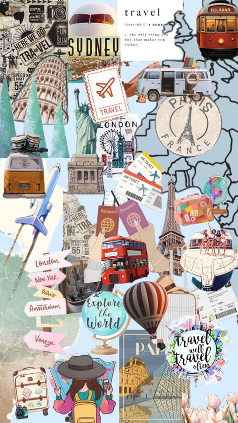 Traveller collage Travel Map Aesthetic, Best Travel Journals, Map Collage, Collage Creator, Memory Collage, Maps Aesthetic, Travel Collage, Cute Easy Doodles, Travel Sketchbook