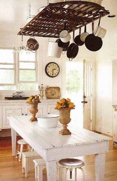 10 New Uses for Old Items • Great Ideas Tutorials Old Garden Gates, Rustic Pots, Island Table, Pot Rack, Cool Ideas, The Ceiling, Farm Table, Decorating On A Budget, Pots And Pans