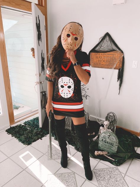 Jason And Ghostface Costume, Slasher Halloween Costume Women, Jason Voorhees Womens Costume, Jason Women Halloween Costume, Jason Voorhees Costume Women, Friday The 13th Outfit Ideas, Jason Voorhees Costume Female, Jason Costume Women, Jason Halloween Costume Women