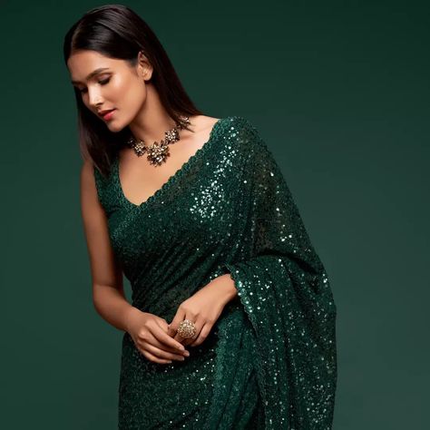 STARLIT -Perfect blend of elegance and glamour. Crafted with Georgette fabric, this Bollywood style designer saree is adorned with intricate sequin embellishments, adding a touch of sparkle to your ensemble. Whether you're attending a wedding, a festive celebration, or any special occasion, this saree is sure to make you stand out in the crowd. Embrace the beauty of sequins and make a fashion statement with our green sequin saree, a must-have addition to your wardrobe. Available in 12 Trend... Green Sequin Saree, Outfit Designer, Sequin Saree, Designer Outfit, Bollywood Outfits, Bollywood Style, House Clothes, Green Sequins, Georgette Fabric