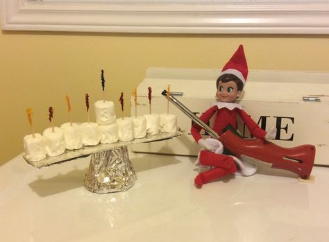 Twinkle made a marshmallow menorah to celebrate Hanukkah with our friends! Elf On The Shelf Hanukkah Ideas, Hanukkah Elf On The Shelf, Mensch On A Bench, Hanukkah Ideas, Elf Letters, Awesome Elf On The Shelf Ideas, Hanukkah Candles, Elf Fun, Elf Ideas