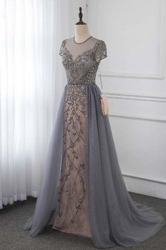 Prom Desses, Gaun Tulle, Black Sequin Prom Dress, Short Sleeve Prom Dresses, Baju Kahwin, Tulle Long Dress, Beaded Formal Dress, Fitted Prom Dresses, Gray Cap