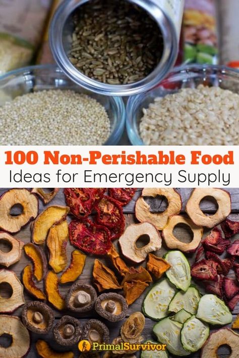 A complete list of foods that don't require refrigeration, including foods that also don't require cooking. Great for prepping, van life, or camping. #survivalfood #ideas #shtf #primalsurvivor Preppers List, Emergency Preparedness Food Storage, Emergency Preparedness Food, Non Perishable Foods, Stock Pile, Shtf Preparedness, List Of Foods, Emergency Food Supply, Non Perishable