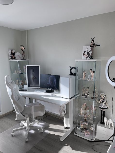 White Anime Room Aesthetic, Gamer Room Decoration, Mecha Room Decor, Desk Add On, Cybercore Office, All White Pc Setup, White And Blue Pc Setup, Grey Gaming Setup, Lea Faye11 Room