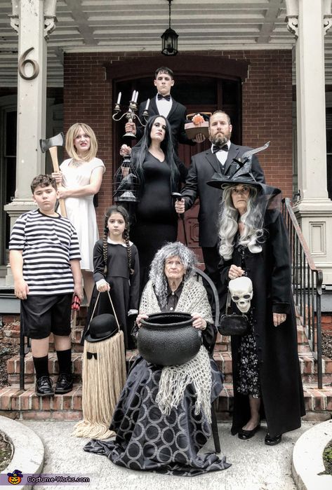 Halloween Adams Family Decoration, Adam’s Family Halloween Party, Family Halloween Themes, Addams Family Grandma Costume, Adams Family Halloween Decor, Grandmama Addams Costume Diy, Adams Family House Decorations, Adam’s Family Couple Costume Diy, Uncle Fester And Debbie Costume