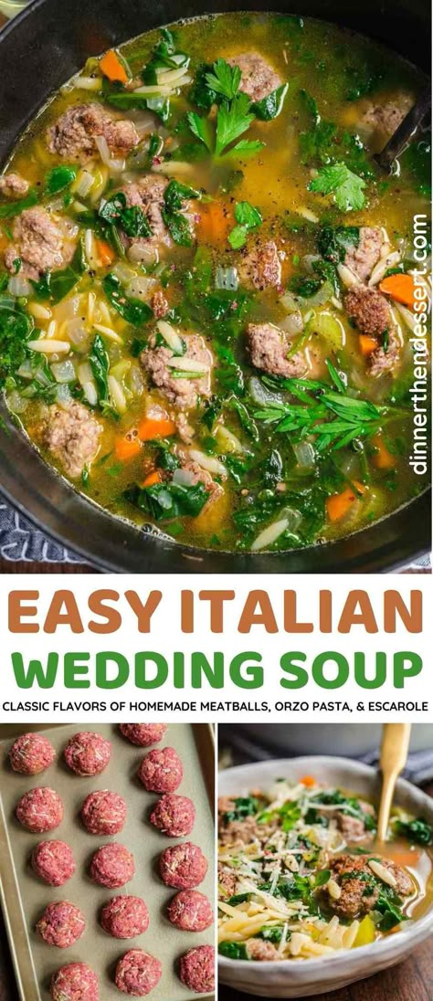 Italian Soup Recipes Homemade, Meatball Escarole Soup, Soup With Meatballs Recipe, Orzo Beef Soup, Chicken Escarole Soup Recipe, Wedding Soup Meatballs, Italian Wedding Soup Meatball Recipe, Italian Wedding Soup Orzo, Stratchatelli Soup