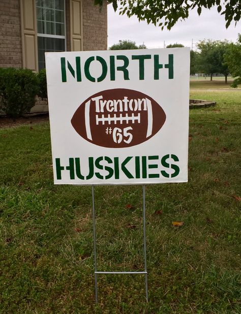 High school football yard sign Fan Signs Sports High School, Football Fence Signs High School, Football Yard Signs For Players Diy, Football Run Through Signs High School, Wooden Football Yard Signs, Football Spirit Signs, Football Yard Signs, Fundraiser Ideas School, School Yard Signs