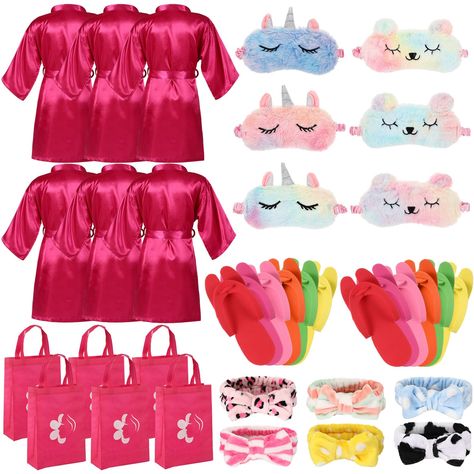 PRICES MAY VARY. Package Includes: you will get 30 pieces of spa party supplies for girls in total; The package includes 6 pieces kids satin robes, 6 pieces of headbands, 6 pairs of slippers in uniform size, 6 pieces of eye mask and 6 pieces of tote bags; They are ideal spa party supplies, party rewards, sleepover party supplies for girls, slumber party supplies for girls Cute Spa Robes for Girls: the girls satin kimono robes are made of polyester fiber, not easily deformed; This girls' silk bat Sleep Over Ideas For Girls Kids, Spa Birthday Party Ideas For Kids, Sleepover Party Ideas, Girls Birthday Party Ideas, Pjs Party, Girls Night Movies, Spa Robes, Pink Toys, Slumber Party Birthday