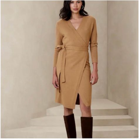 Banana Republic Fall 2023 Collection. Knee Length Sweater Dress, Wraps On The Side With A Tie That Is Attached To The Dress. Color Is “Brown Sugar.” This Dress Is New With Tags, Never Worn. Knee Length Sweater Dress, Knee Length Sweater, 2023 Collection, Banana Republic Dress, Fall 2023, Brown Sugar, Banana Republic, Knee Length, Sweater Dress