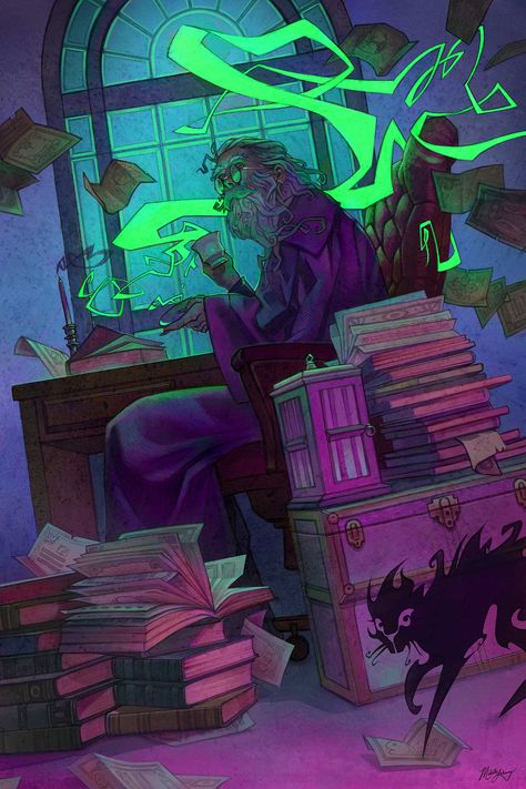 Mr. Wizard likes spending tea time with his less-than-corporeal cat. Fantasy Magic, Comic Book Style, Modern Fantasy, Fantasy Aesthetic, 2d Art, Urban Fantasy, Environment Concept Art, Comic Artist, Horror Art